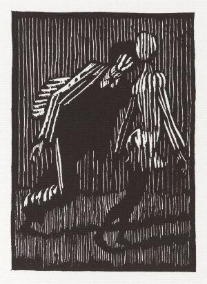  A black and white woodcut print by Niclas Gulbrandsen, showing a stylized figure in motion, reaching out with their right arm, against a background of vertical lines. The title of the print is "And He ran forward and touched the painted raiment of the woman...".