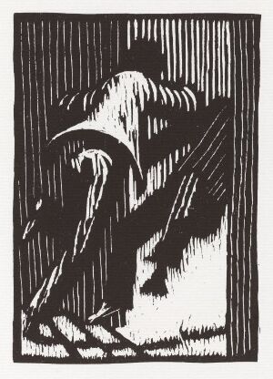  A black and white woodcut print titled "And He passed out of the city" by Niclas Gulbrandsen, depicting a figure moving from a dark confined space into a lighter area with vertical line textures in the background.