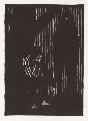  A woodcut print on paper by artist Niclas Gulbrandsen, titled "And the young man looked up and recognised Him and made answer, 'But I was dead once and you raised me from the dead. What else should I do but weep?'" The image, in black and white, shows a simplified, crouching figure with a hand to its face, seeming to express grief. Behind this figure stands a shadowy silhouette, less detailed, implying a spiritual
