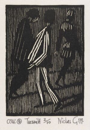  Black and white woodcut print by Niclas Gulbrandsen titled "After a little while He saw one whose face and raiment were painted..." showing two stylized figures, one in a striped robe with an obscured face and the other in a helmet and patterned outfit, against a backdrop of vertical lines.