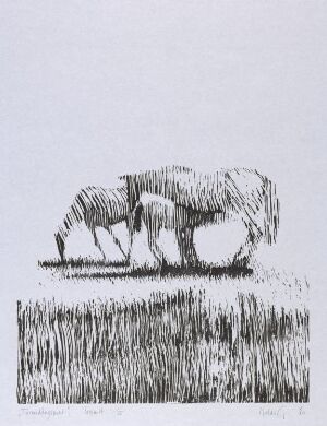  Black and white woodcut print titled "Formiddagsmat" by Niclas Gulbrandsen depicting two grazing sheep side by side, characterized by textured line work on a plain background.