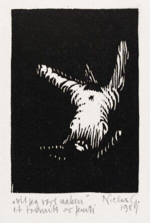  Black and white woodcut print by Niclas Gulbrandsen titled "Vil jeg være naken," featuring an abstract stylized figure resembling a horned animal with a flowing beard and hair, set against a dark background with inscribed text at the bottom indicating the title, artist's name, and year.