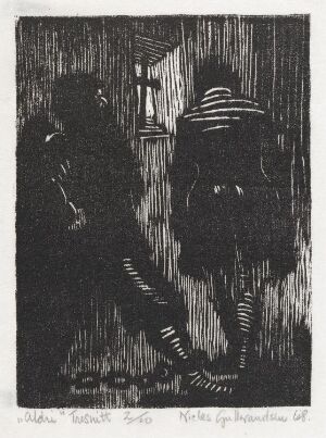  Black and white woodcut titled "Aldri" by Niclas Gulbrandsen, depicting two figures from behind as they walk through a dark, possibly snowy environment, leaving a trail of footprints, with the image conveying a somber and mysterious atmosphere.