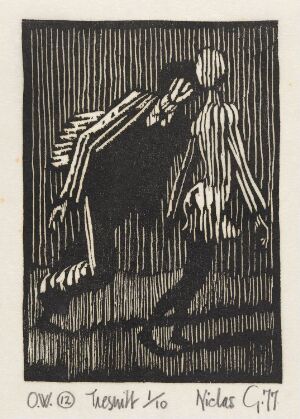  A black and white woodcut print titled "And He ran forward and touched the painted raiment of the woman..." by Niclas Gulbrandsen, depicting a silhouetted figure reaching out towards the profile of a woman depicted on a surface, with bold lines and contrast highlighting the motion and the patterned garment of the woman.