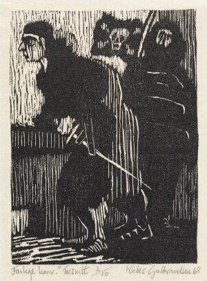  A black-and-white woodcut print titled "Farlige karer" by Niclas Gulbrandsen, depicting two strong and potentially threatening figures. The figure on the left holds a staff and has a pronounced muscular arm, while the other, slightly obscured figure also appears powerful. The background is made up of vertical lines, providing a sense of enclosure.