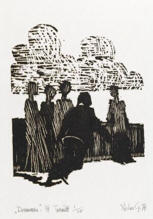  "Drømmen III" by Niclas Gulbrandsen, a black and white woodcut print on paper featuring a group of silhouetted figures seated in profile against a backdrop of stylized cloud formations, evoking a contemplative or dream-like scene.