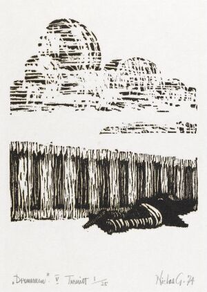  "Drømmen V" by Niclas Gulbrandsen, a black and white woodcut print featuring a cloud formation above and a stylized landscape below with a reclining figure, conveying a dreamlike state through expressive lines and textural contrasts.