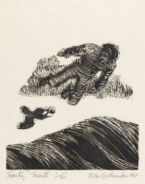  "Frantz" by Niclas Gulbrandsen, a black and white woodcut print on paper showcasing an abstract scene with a dynamic figure appearing to fall backwards on the left, with arms spread out, amidst rough textural lines suggestive of foliage. Below, a sweeping landscape form occupies the lower part of the image. Separately, a crow in flight is captured in mid-air with wings outstretched, conveying motion against the white background of the paper.