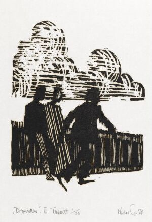 "Drømmen II" by Niclas Gulbrandsen is a black and white woodcut on paper depicting two abstract silhouetted figures against a patterned background reminiscent of stylized clouds or waves, conveying a sense of motion and dream-like atmosphere.