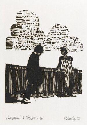  "Drømmen I" by Niclas Gulbrandsen, a black and white woodcut print on paper, depicting two silhouetted figures beside a horizontal fence with patterned cloud-like shapes above, executed in a monochromatic, high-contrast style.