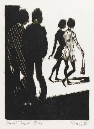  "Varmt!" by Niclas Gulbrandsen, a black and white woodcut print on paper showing five stylized figures in silhouette moving from left to right; three are closely grouped and in the foreground, while two appear to be women walking on a defined path slightly further away. The contrast of solid black figures against the white background conveys movement and warmth.