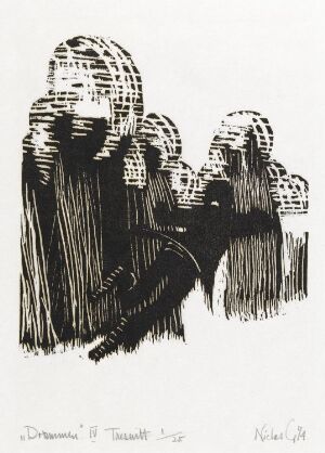  "Drømmen IV" by Niclas Gulbrandsen, a black and white woodcut print on paper, depicting abstract, rounded forms reminiscent of trees or clouds with a stylized human figure leaning or sitting against one.