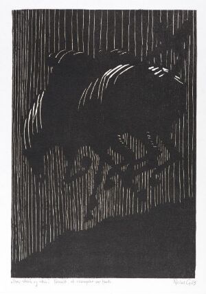  "Over stokk og stein," a fine art woodcut on paper by Niclas Gulbrandsen, depicting a silhouette in motion against a textured background of vertical lines in shades of dark black and gray.