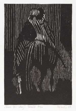  "Takk for i dag" by Niclas Gulbrandsen, a stark black and white woodcut print on paper depicting a solitary stylized figure with vertical lines in the background, giving an impression reminiscent of rain or energy lines.