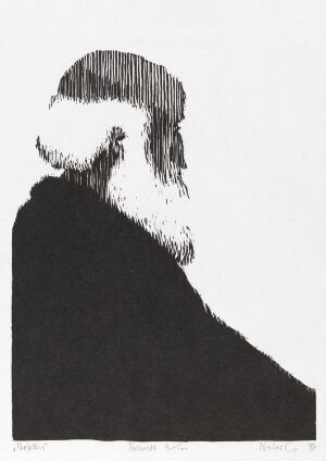  "Profeten" by Niclas Gulbrandsen, a black and white woodcut on paper showing a stylized profile of a prophet with textured hair and beard against a blank background, capturing a sense of contemplation.