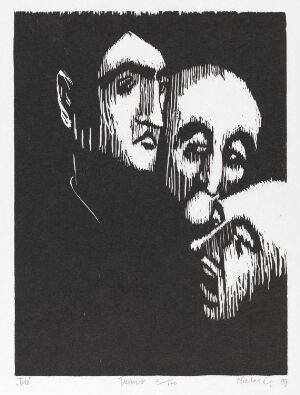  "Trio" by Niclas Gulbrandsen, a woodcut print on paper depicting three overlapping faces in black and white. The image is graphic with high contrast, featuring a detailed man in the foreground with two more abstract faces behind him, all rendered in expressive black lines against the white paper background.