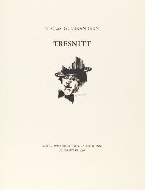  A print by Niclas Gulbrandsen featuring a small, detailed black and white woodcut of a character wearing a decorative hat centered on cream-colored paper, with 'NICLAS GULBRANDSEN TRESNITT' printed above and some descriptive Norwegian text below.