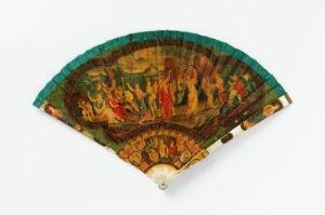  An intricately painted folding fan with warm colors depicting a historical or mythological gathering, with detailed figures and natural elements on a paper or fabric leaf, framed by light-colored wooden guard sticks with metal accents.