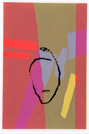  Abstract artwork titled "From Joke to Something Else" by Ingri Egeberg, featuring a mix of muted and bright colors with geometric and organic shapes, including a stylized face-like outline on a fargeserigrafi (monotype silkscreen) on paper.