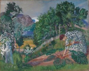  "Oil on canvas landscape painting by Nikolai Astrup depicting a tranquil outdoor scene with white trees, a wooden fence, rolling hills, and a body of water, using vibrant colors and expressive brushstrokes."