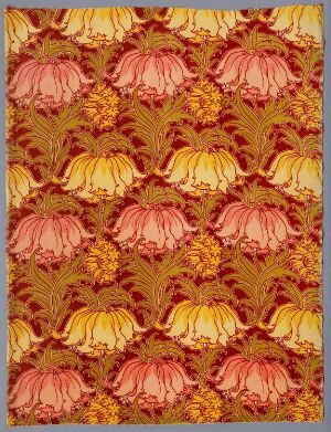  A warm, golden-yellow background featuring a detailed and stylized floral pattern with large pink and off-white flowers surrounded by rich brown foliage, suggestive of vintage textile or wallpaper design. Artistname and title are unknown.