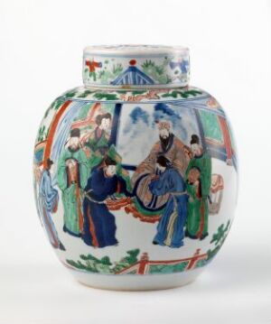 
 A traditional Chinese porcelain vase with a flared rim and white background, intricately decorated with vivid scenes of human figures in historical attire, floral motifs, and architectural elements in a rich palette of cobalt blue, iron red, emerald green, and other colors.