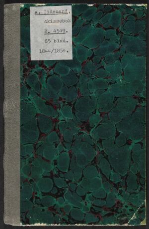  An aged sketchbook with the title "Skissebok III" featuring a marbled emerald green cover with black and red accents, and a plain gray spine, suggesting a vintage art journal.