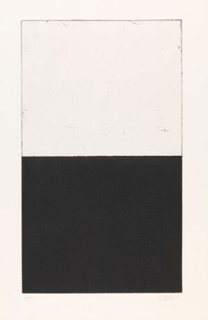 
 "Adriatics" by Brice Marden is an abstract minimalist artwork on paper, featuring an upper section of white with faint borders suggesting an incomplete rectangle, and a solid black lower section, creating a strong contrast of light and dark.