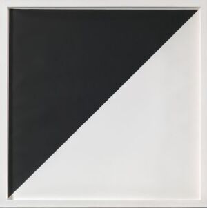 
 "Ringolevio" by Camilla Løw is a minimalist silk screen print on paper, featuring a stark black and white geometric design with the square divided diagonally into a solid black triangle on one half and a pure white triangle on the other.