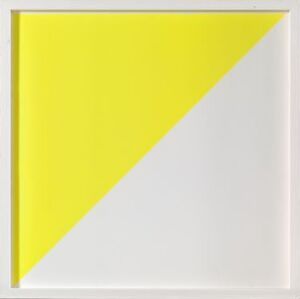  "Ringolevio" by Camilla Løw, a minimalist fine art silkscreen print featuring a bright yellow triangle on a white background, with the triangle positioned in the bottom left and extending diagonally towards the upper right corner.