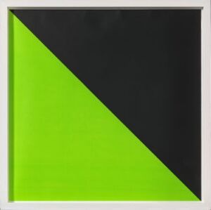  "Ringolevio" by Camilla Løw, a silk screen print on paper featuring a square frame, diagonally divided into a neon lime green triangle and a matte black triangle, with the green triangle positioned at the bottom left and the black at the top right, creating a strong visual contrast.