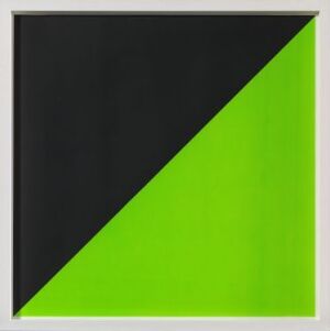  "Ringolevio" by Camilla Løw, a fine art silkscreen on paper. The image displays a geometric abstraction with a sharp diagonal division between a solid matte black on the left and a bright neon green on the right, contained within a white frame.