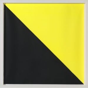  "Ringolevio" by Camilla Løw, a piece of fine art featuring a square divided diagonally into a bright yellow top right and bottom left, and a deep black top left and bottom right, creating a stark contrast and a sense of geometric balance.