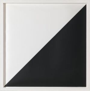  "Ringolevio" by Camilla Løw, a minimalistic silkscreen print on paper featuring a perfectly diagonal division between a pure white upper triangle and a deep black lower triangle, symbolizing balance and contrast within a square frame.