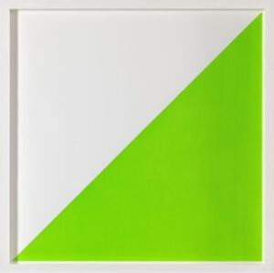  "Ringolevio," a silk screen print on paper by artist Camilla Løw, displaying a vibrant lime green triangle and a pure white triangle diagonally divided across a square canvas, creating a bold contrast and a minimalist geometric design.