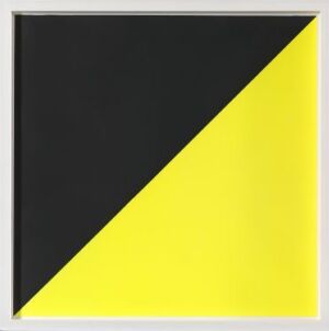  "Ringolevio" by Camilla Løw, a fine art silkscreen print on paper featuring a diagonal division between a deep black and a bright yellow triangle, framed in white, emphasizing a minimalist geometric design.