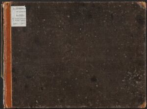  "Skissebok VI" - An aged sketchbook with a dark brown textured cover showing signs of wear and a narrow strip of orange-red along the spine. A white label with blue border and text is placed on the top left of the cover.