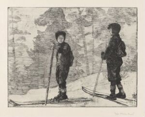  "Boys skiing" by Erik Werenskiold, a black and white etching of two young boys on skis with poles, dressed in winter clothing, standing in a snowy landscape with implied trees in the background. The piece is rendered in a range of greys, highlighting texture and contrast.
