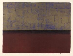  "L 6-1963 Horizon" by Anna-Eva Bergman, a color lithograph on paper featuring a muted yellow section with grid lines on the upper part and a solid deep maroon section on the bottom, representing a horizon line.