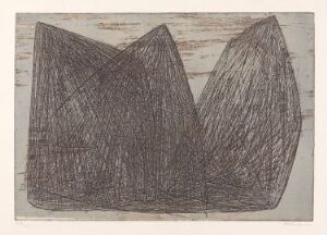  Abstract etching by Anna-Eva Bergman titled "G 31-1958 Rochers," featuring two geometric rock-like shapes with intricate line textures, printed in brownish-black and silver on paper.