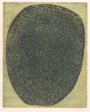  "G 33-1958 Ringel Univers" by Anna-Eva Bergman, displaying an intricate, lace-like pattern etched in deep blue and gold within a central oval shape on a cream-colored paper background with a textured margin.