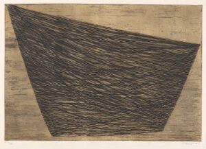  "G 32-1958 Barque," an etching by Anna-Eva Bergman, portraying an abstract triangular form resembling a sail, with lines and textures in black and gold on a warm beige background.