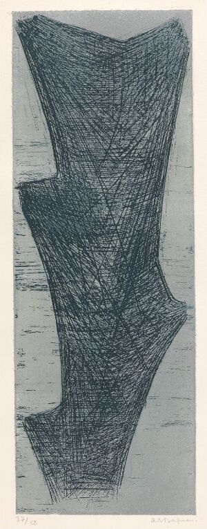  "G 28-1958 Plante" by Anna-Eva Bergman, an abstract etching in varied shades of blue and silver on paper depicting a vertically elongated and textured geometric figure that abstractly represents a plant.