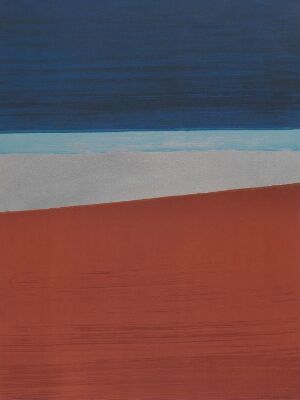  "L10-1970 Terre rouge" by Norsk Forening For Grafisk Kunst, an abstract color lithograph with horizontal layers of dark blue, light azure, a thin line of white, and a large section of earthy red.