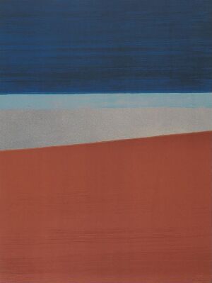  "L10-1970 Terre rouge" by Anna-Eva Bergman, a minimalistic color lithograph with a deep dark blue sky at the top, a thin light blue or grey horizon, and a dominant broad rusty red strip reminiscent of the earth below.