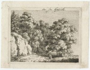  Etching titled "Spaziergehendes Paar unter Bäumen am Felshang" by Caspar David Friedrich, depicting a couple walking among large, detailed trees next to a rocky outcrop, executed in a monochrome palette with fine lines that create a sense of texture and depth.