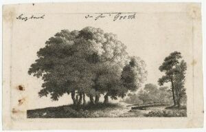  A monochromatic etching titled "Gruppen von sechs Bäumen mit Steg" by Caspar David Friedrich, depicting a grouping of six trees with dense canopies in the center, a solitary tree to the right, a small bridge in the foreground, all rendered in varying shades of gray, on aged paper with artist's handwriting in the upper left corner.