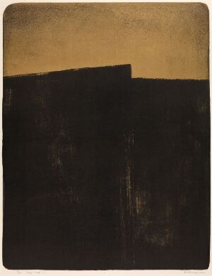  "L9-1963 Cap Nord" by Anna-Eva Bergman, a minimalist lithograph depicting a large rectangular black shape at the bottom with a golden sky above, creating a horizon line and suggesting a landscape at twilight.