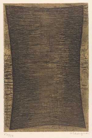  Abstract etching by Anna-Eva Bergman titled "G 23-1958 Tronc d'arbre" portraying an artistic interpretation of a tree trunk using fine vertical lines in black with subtle gold accents, bordered by gold strips on a light paper background.