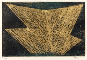  "G 24-1958 Papillon négatif" by Anna-Eva Bergman, an artwork featuring a textured metallic gold abstract butterfly shape with detailed fine lines, set against a